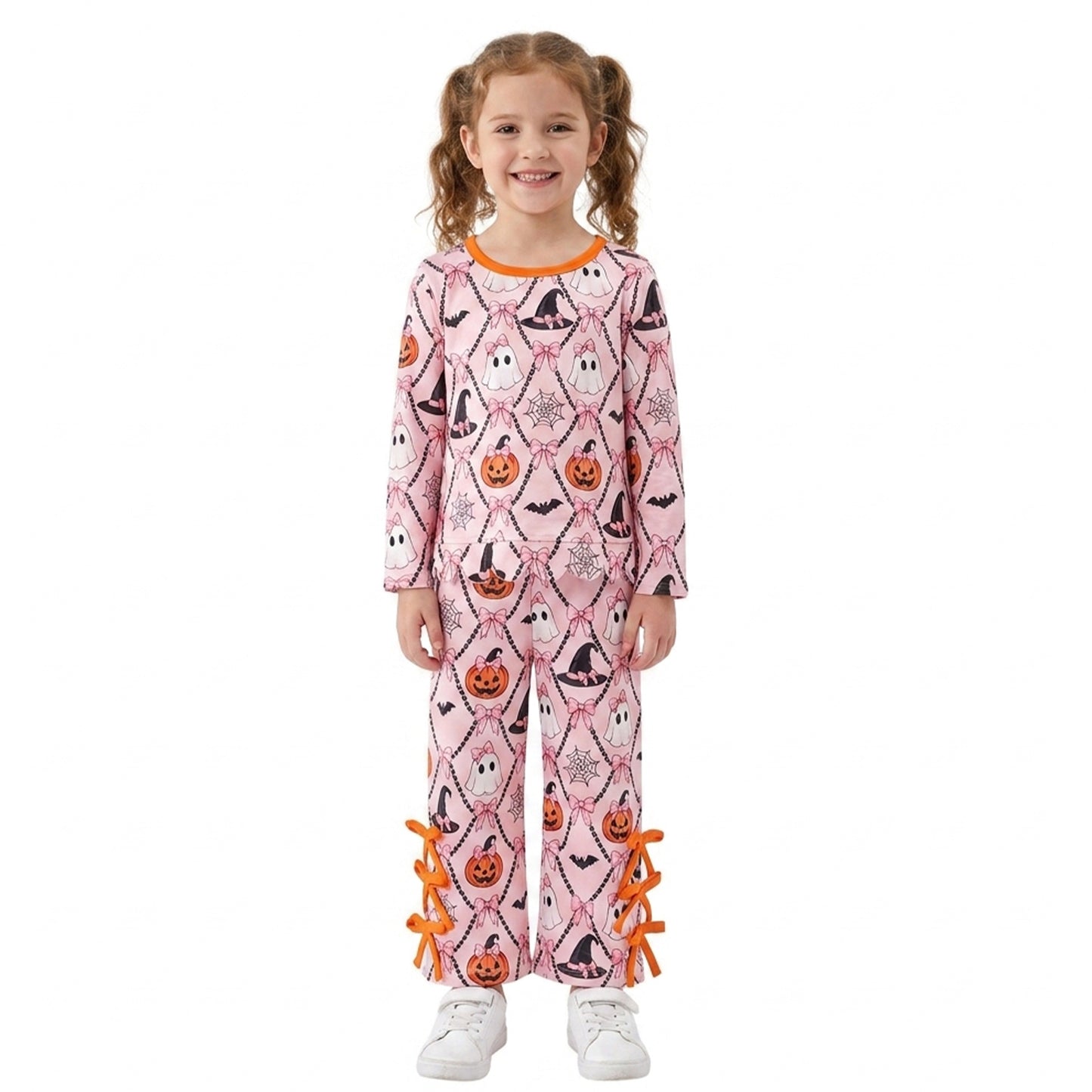 RTS GLP3434 scallop Kids Halloween Print Scalloped Trim Long Sleeve Pajama Set 202608