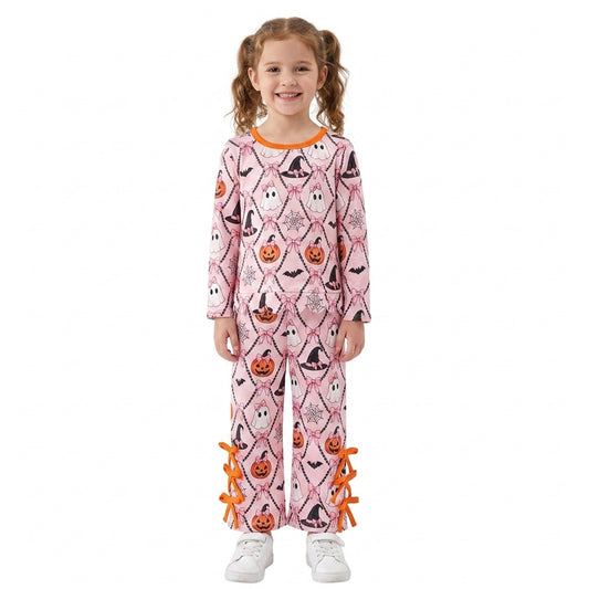 RTS GLP3434 scallop Kids Halloween Print Scalloped Trim Long Sleeve Pajama Set 202608