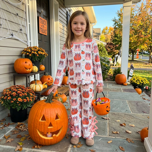 NO MOQ RTS GLP3435 scallop Halloween pumpkin Toddler girl Set outfit 202609