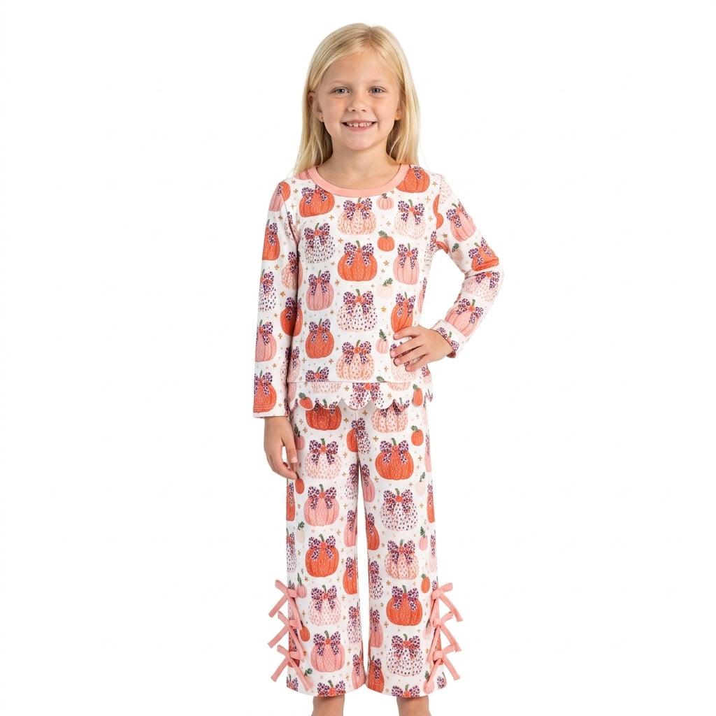 NO MOQ RTS GLP3435-scallop Baby Girl Clothes Pink Pumpkin Bow Print Scallop Long Sleeve Top Bow Flare Pants Outfit 202609