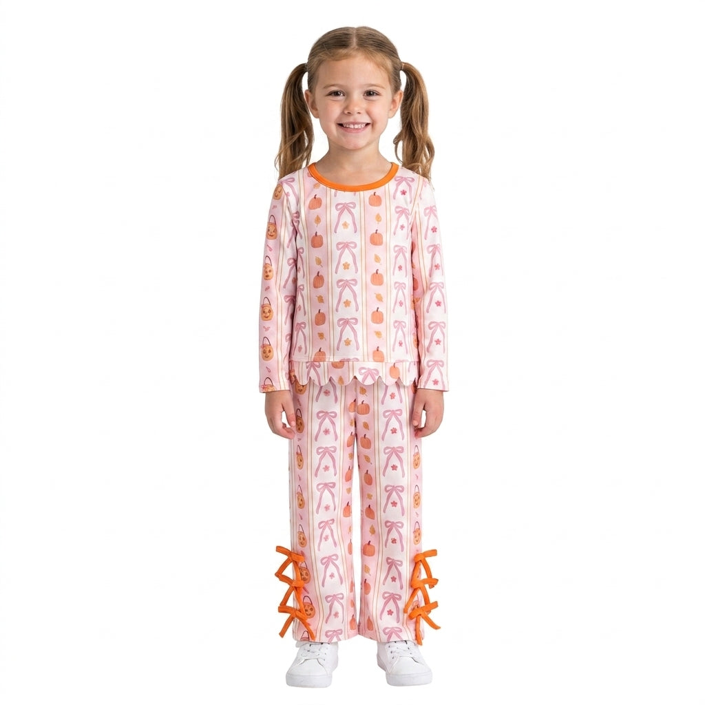 RTS GLP3436 scallop Kids Fall Print Scalloped Trim Long Sleeve Pajama Set 202608