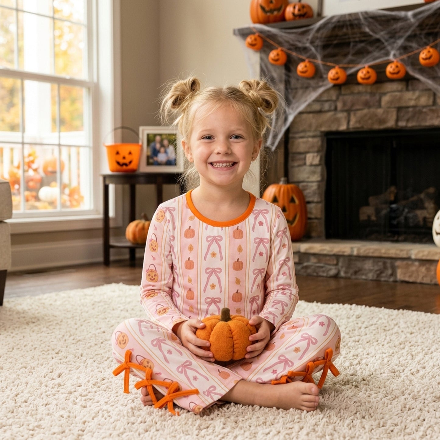 RTS GLP3436 scallop Kids Fall Print Scalloped Trim Long Sleeve Pajama Set 202608