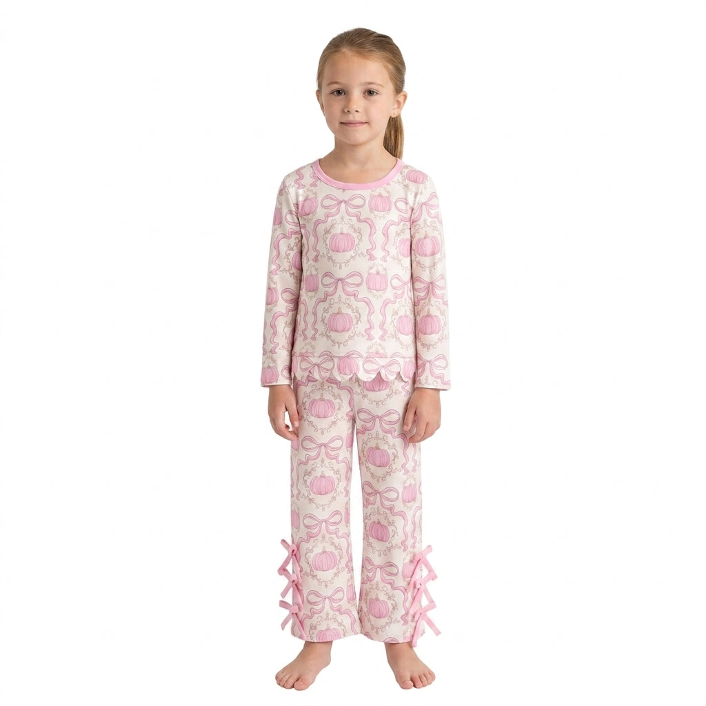 RTS GLP3437 scallop Kids Bow Print Scalloped Trim Long Sleeve Pajama Set 202608