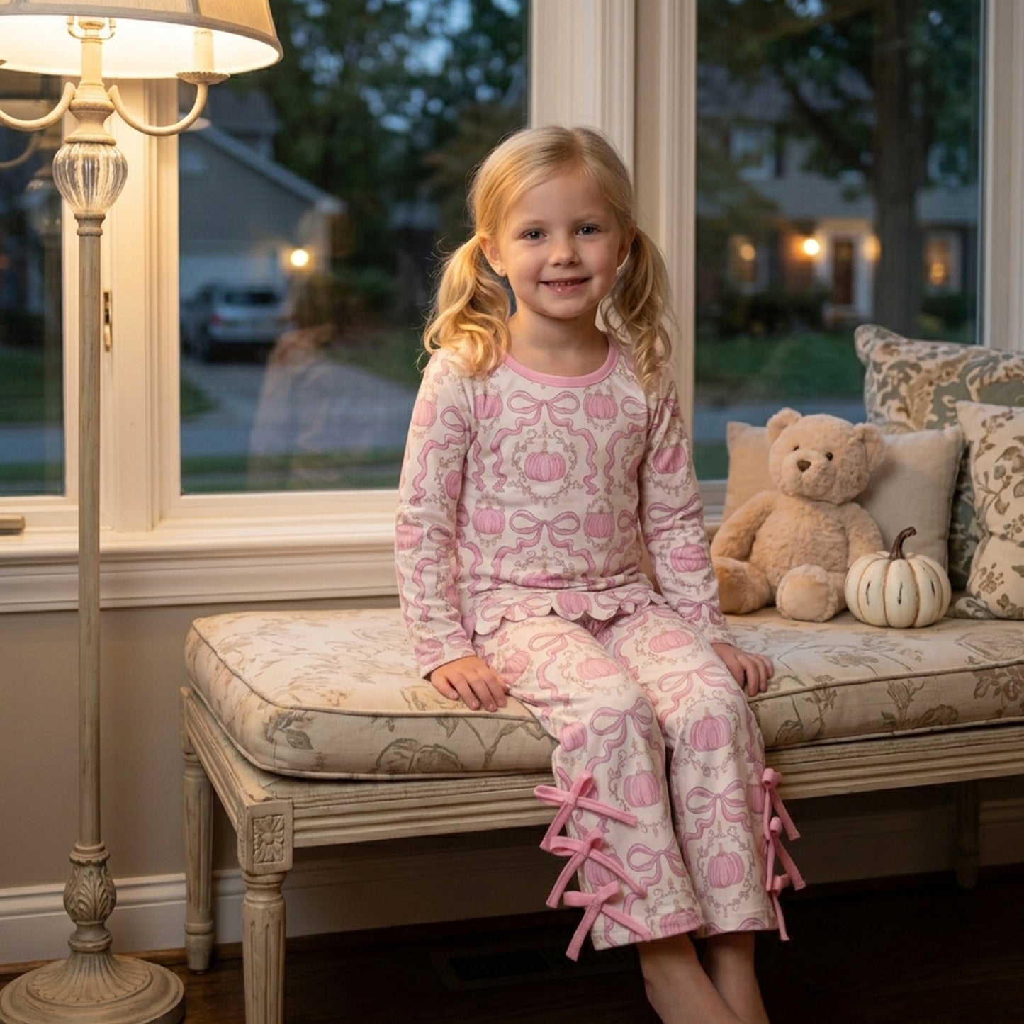 RTS GLP3437 scallop Kids Bow Print Scalloped Trim Long Sleeve Pajama Set 202608
