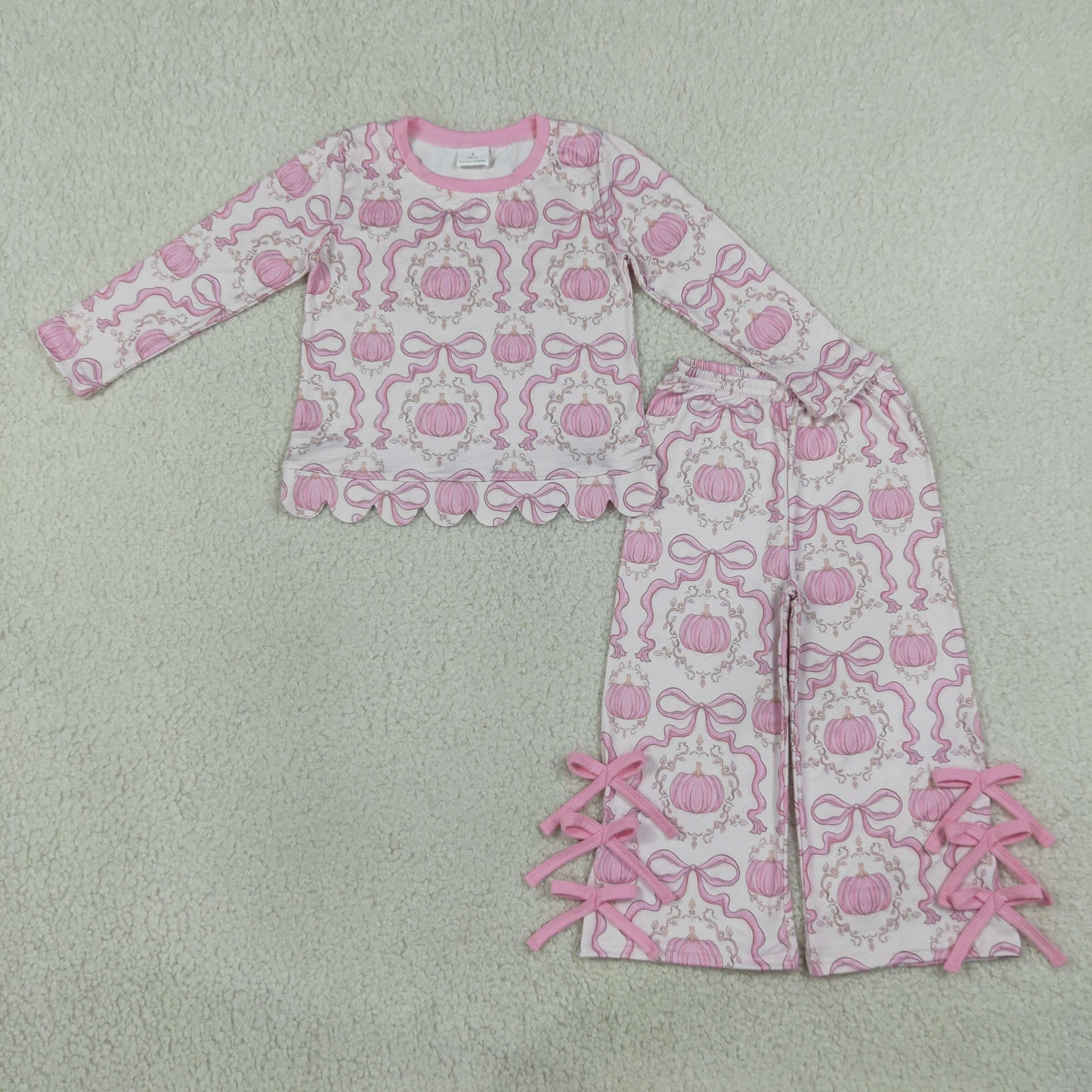 RTS GLP3437 scallop Kids Bow Print Scalloped Trim Long Sleeve Pajama Set 202608