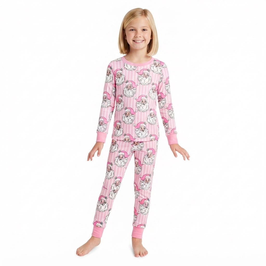 NO MOQ RTS GLP3440 Baby Girl Clothes Pink Stripe Santa Allover Print Long Sleeve Pajama Pant Set 202610