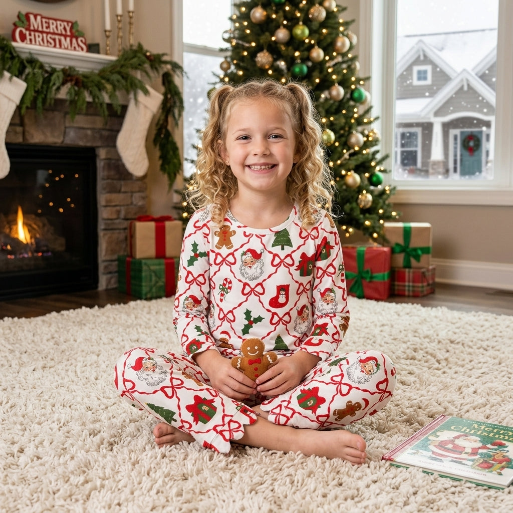 RTS GLP3447 scallop Kids Christmas Print Scalloped Trim Long Sleeve Pajama Set 202608