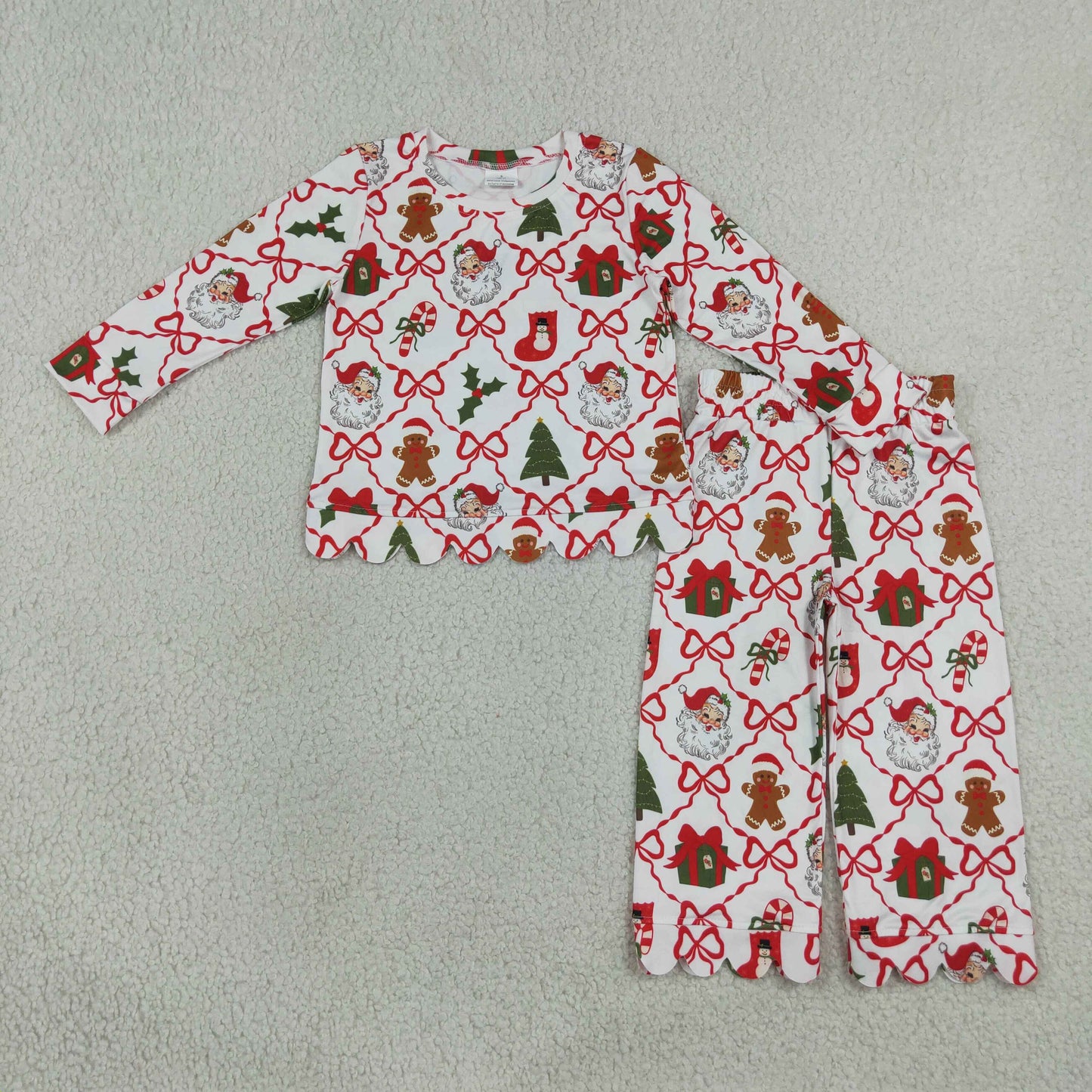 RTS GLP3447 scallop Kids Christmas Print Scalloped Trim Long Sleeve Pajama Set 202608