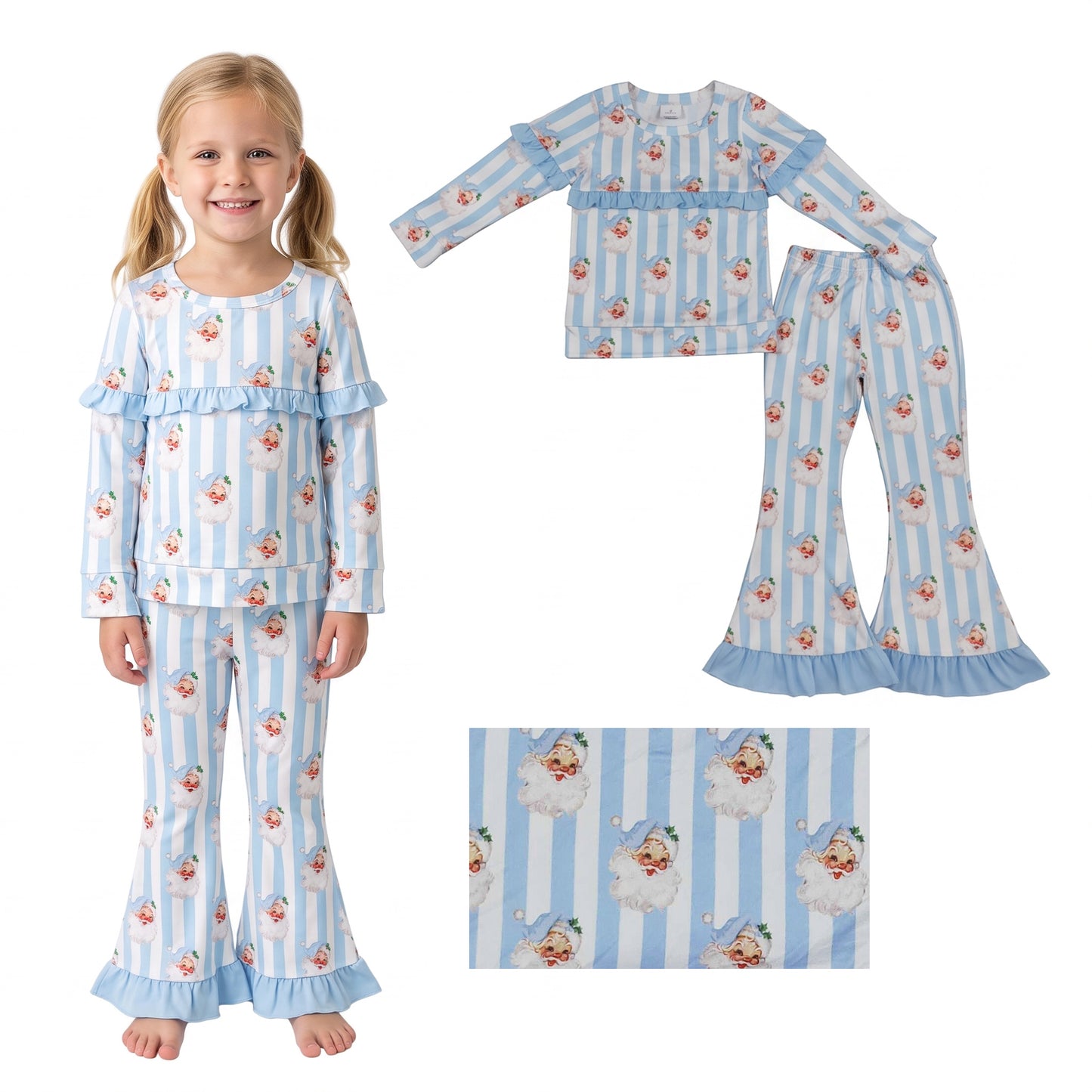 GLP3451 RTS Girls Christmas 2‑Piece Santa Print Ruffle Long Sleeve Flare Pants Set 202608
