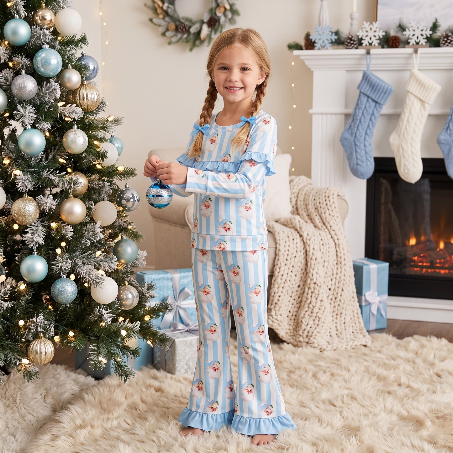 GLP3451 RTS Girls Christmas 2‑Piece Santa Print Ruffle Long Sleeve Flare Pants Set 202608