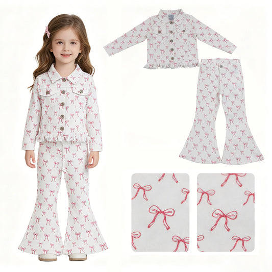 GLP3453组合，GT1729 和 P1042 pink Girls Bow Denim Jacket Flare Pants Set 202630 RTS