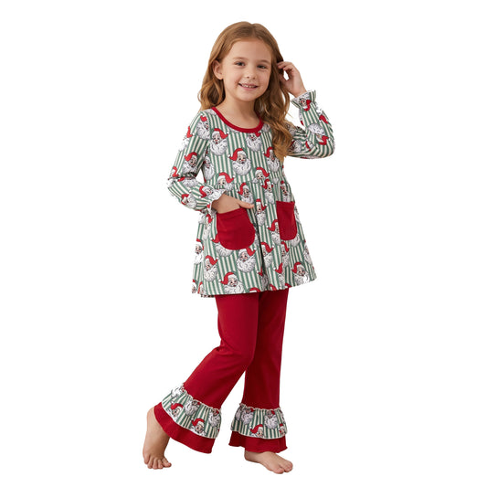 NO MOQ RTS GLP3454 Christmas Santa Girl Set Green Stripe Top & Red Pants 2Pcs