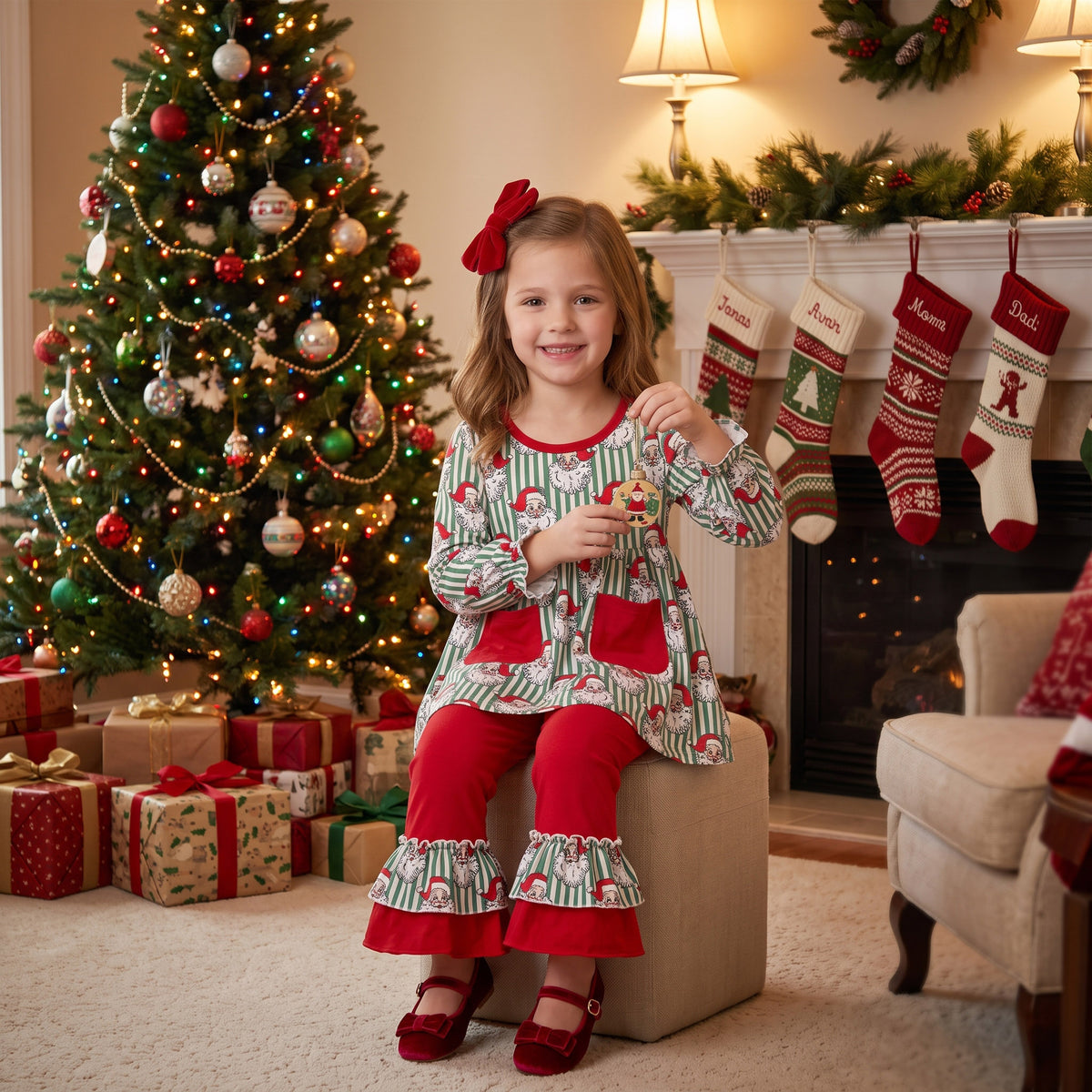 NO MOQ RTS GLP3454 Christmas Santa Girl Set Green Stripe Top & Red Pants 2Pcs