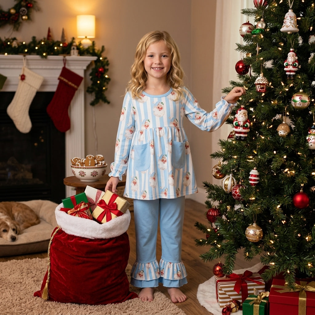 NO MOQ RTS GLP3455 Baby Girl Clothes Blue White Stripe Santa Claus Print Long Sleeve Top Ruffle Pant Set 202609