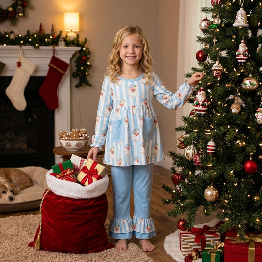 NO MOQ RTS GLP3455 Baby Girl Clothes Blue White Stripe Santa Claus Print Long Sleeve Top Ruffle Pant Set 202609