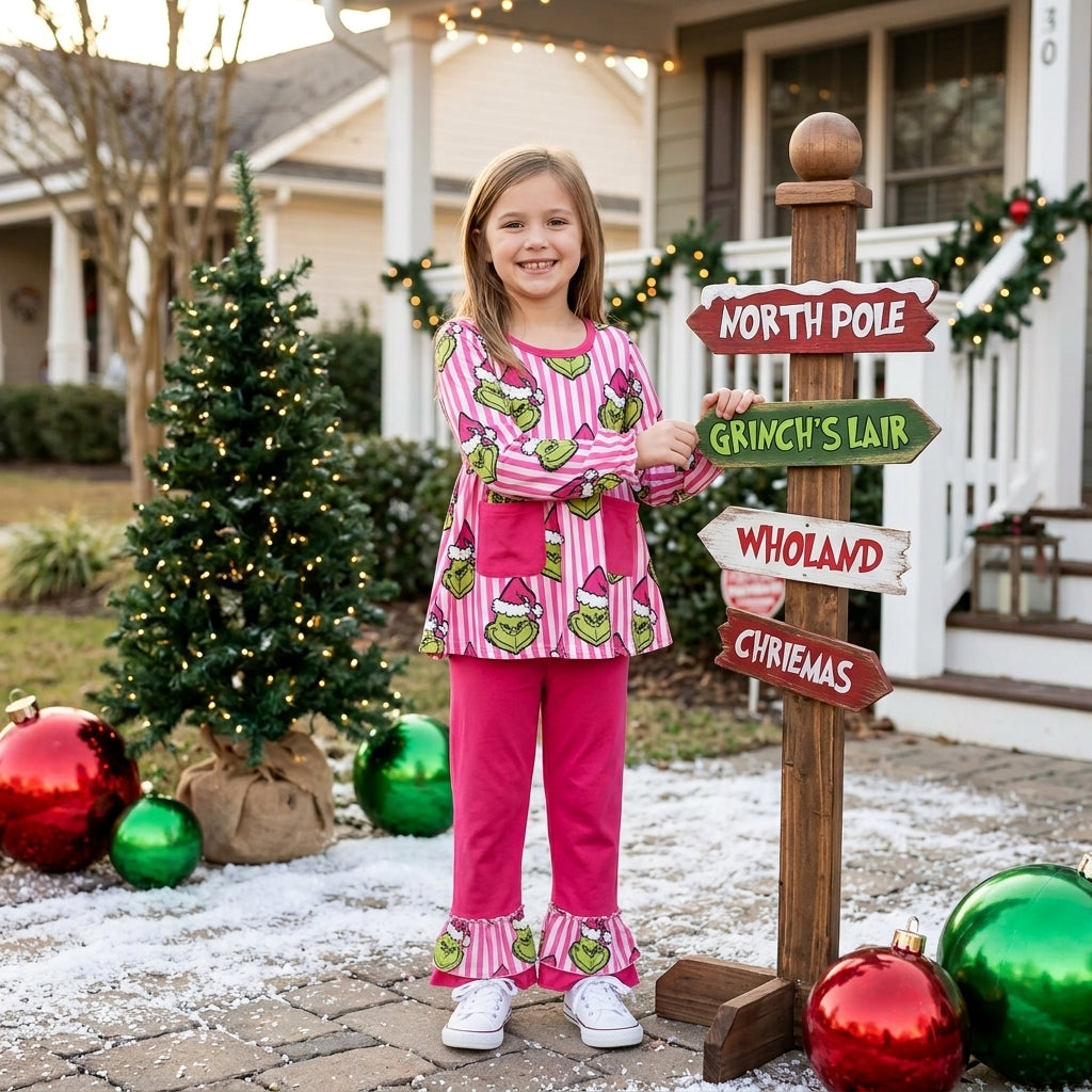 NO MOQ RTS GLP3458 (2) Baby Girl Clothes Pink White Stripe Green Monster Christmas Print Long Sleeve Top Ruffle Pant Set 202609