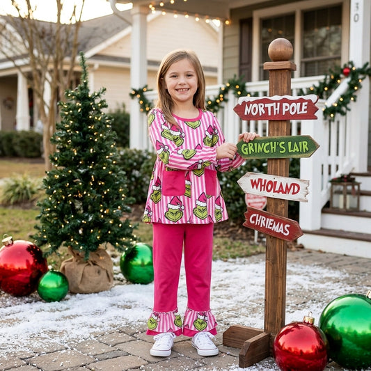 NO MOQ RTS GLP3458 (2) Baby Girl Clothes Pink White Stripe Green Monster Christmas Print Long Sleeve Top Ruffle Pant Set 202609