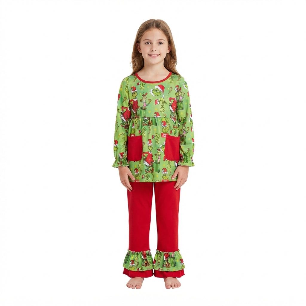 NO MOQ RTS GLP3459 Baby Girl Clothes Christmas Gift Character Allover Print Long Sleeve Pocket Tunic Ruffle Pant Set 202610