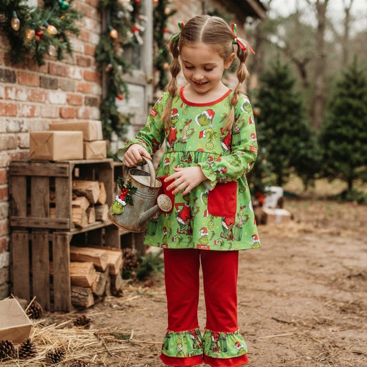 NO MOQ RTS GLP3459 Baby Girl Clothes Christmas Gift Character Allover Print Long Sleeve Pocket Tunic Ruffle Pant Set 202610