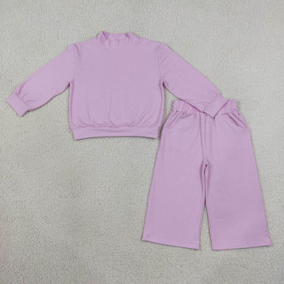 NO MOQ RTS GLP3470 Baby Girl Clothes Solid Lavender Print Long Sleeve Mock Neck Top Wide Leg Pant Set 202609