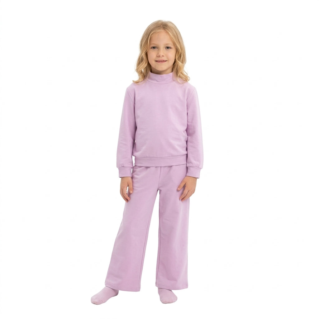 NO MOQ RTS GLP3470 Baby Girl Clothes Solid Lavender Print Long Sleeve Mock Neck Top Wide Leg Pant Set 202609