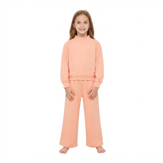 NO MOQ RTS GLP3471 Baby Girl Clothes Solid Peach Plain Print Long Sleeve Mock Neck Wide Leg Pant Set 202610