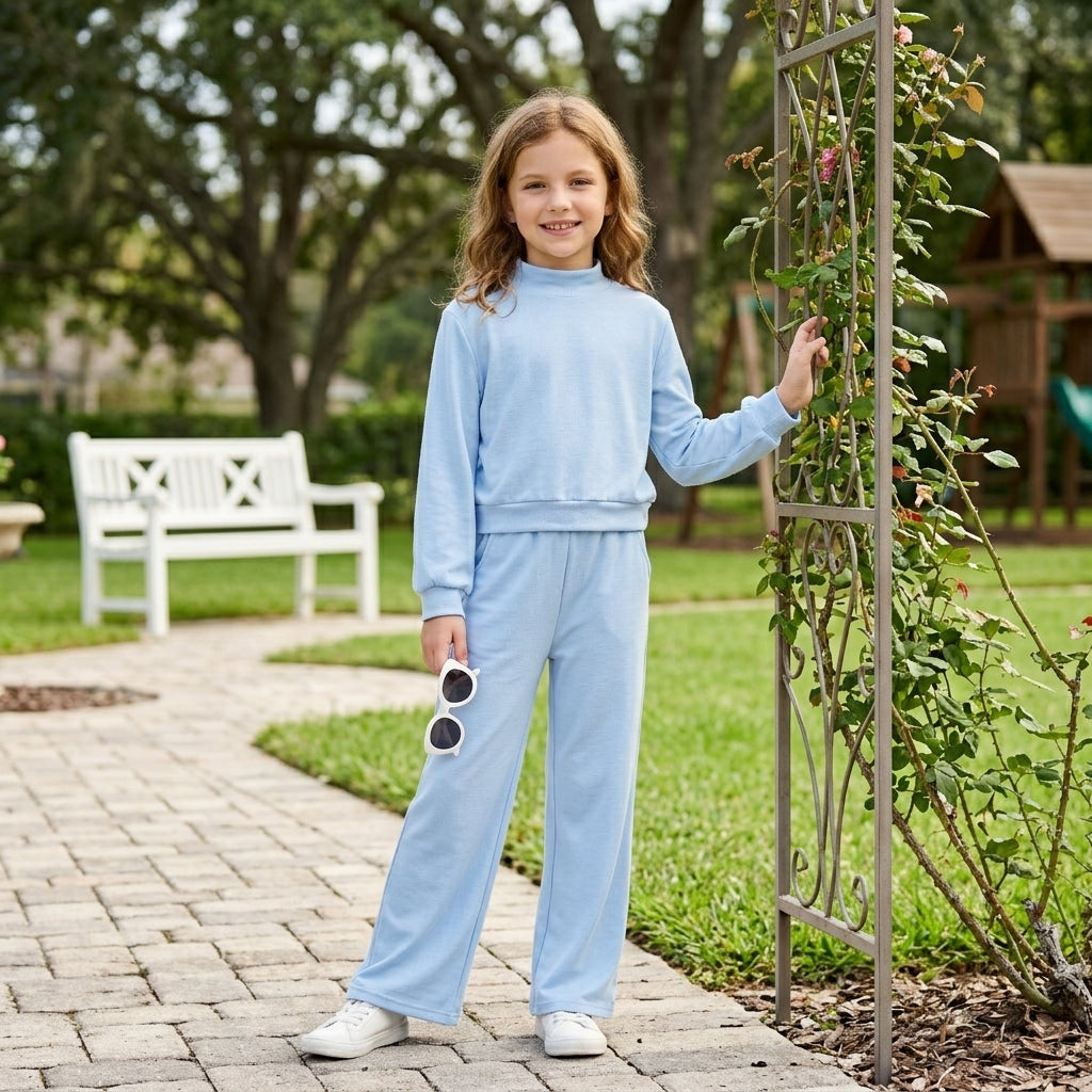 NO MOQ RTS GLP3472 Girl Clothes Solid Light Blue Plain Print Long Sleeve Mock Neck Top Wide Leg Pants Set 202610