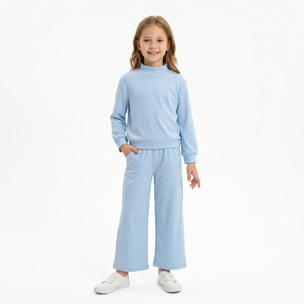 NO MOQ RTS GLP3472 Girl Clothes Solid Light Blue Plain Print Long Sleeve Mock Neck Top Wide Leg Pants Set 202610