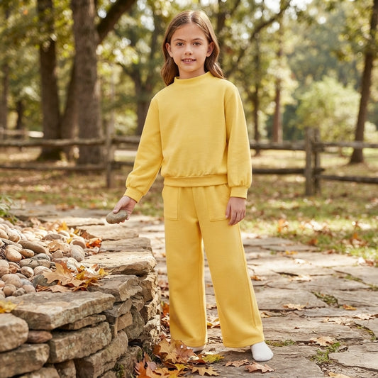 NO MOQ RTS GLP3473 (2) Baby Girl Clothes Solid Yellow Plain Print Long Sleeve Mock Neck Wide Leg Pant Set 202609