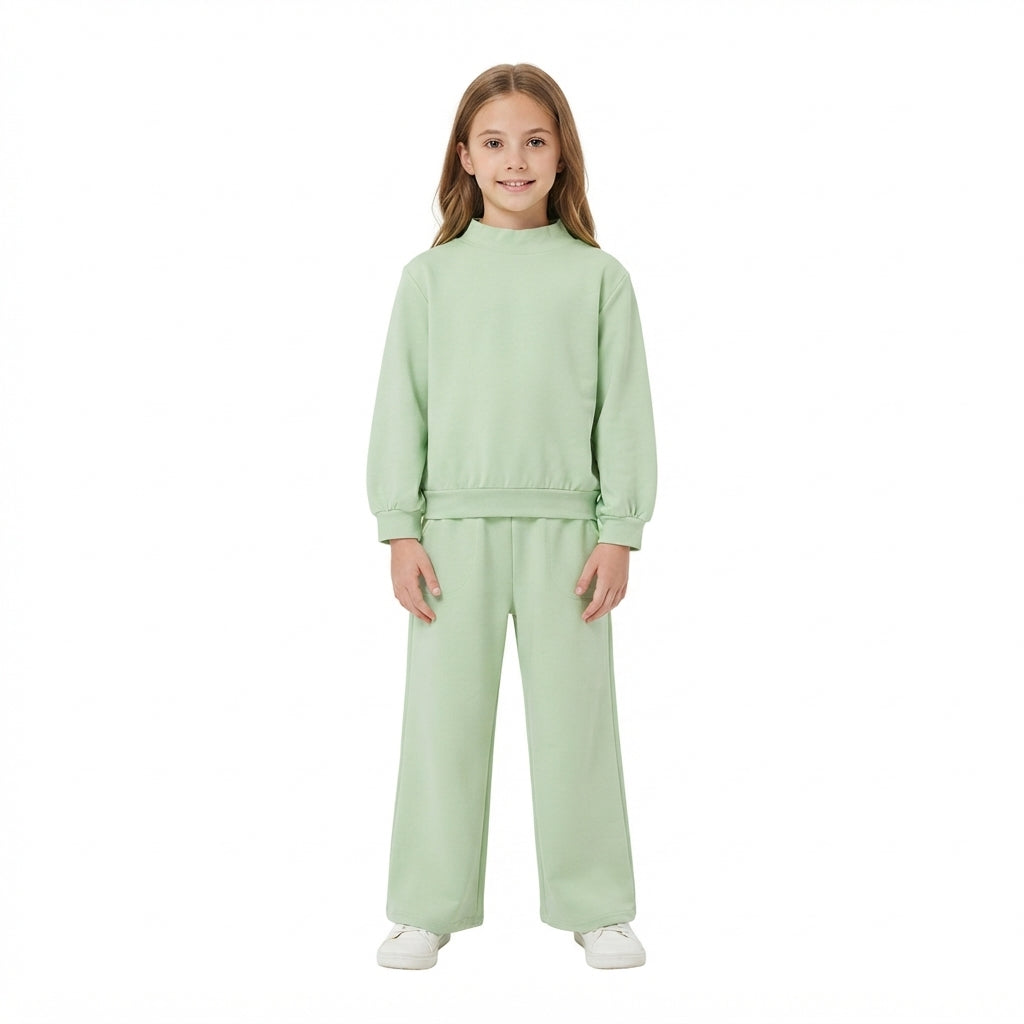 NO MOQ RTS GLP3474 Baby Girl Clothes Solid Sage Green Plain Print Long Sleeve Mock Neck Wide Leg Pant Set 202610