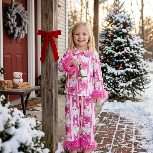 NO MOQ RTS GLP3478 Baby Girl Clothes Santa Bow Striped Print Long Sleeve Feather Cuff Pajama Set 202609