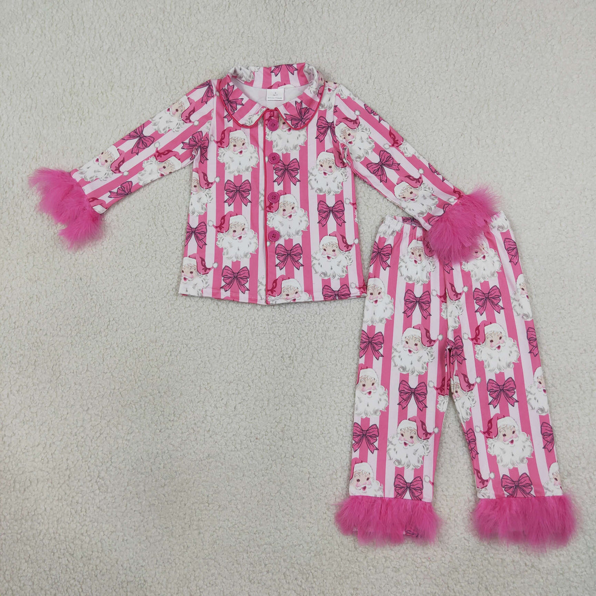 NO MOQ RTS GLP3478 Baby Girl Clothes Santa Bow Striped Print Long Sleeve Feather Cuff Pajama Set 202609