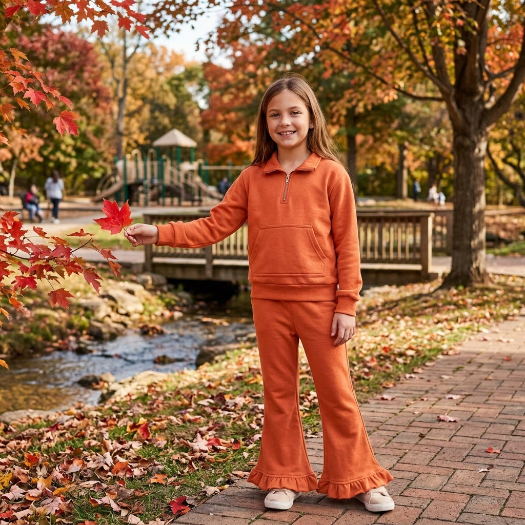 NO MOQ RTS P1073 Baby Girl Clothes Solid Orange Plain Long Sleeve Ruffle Hem Flare Pants 202610