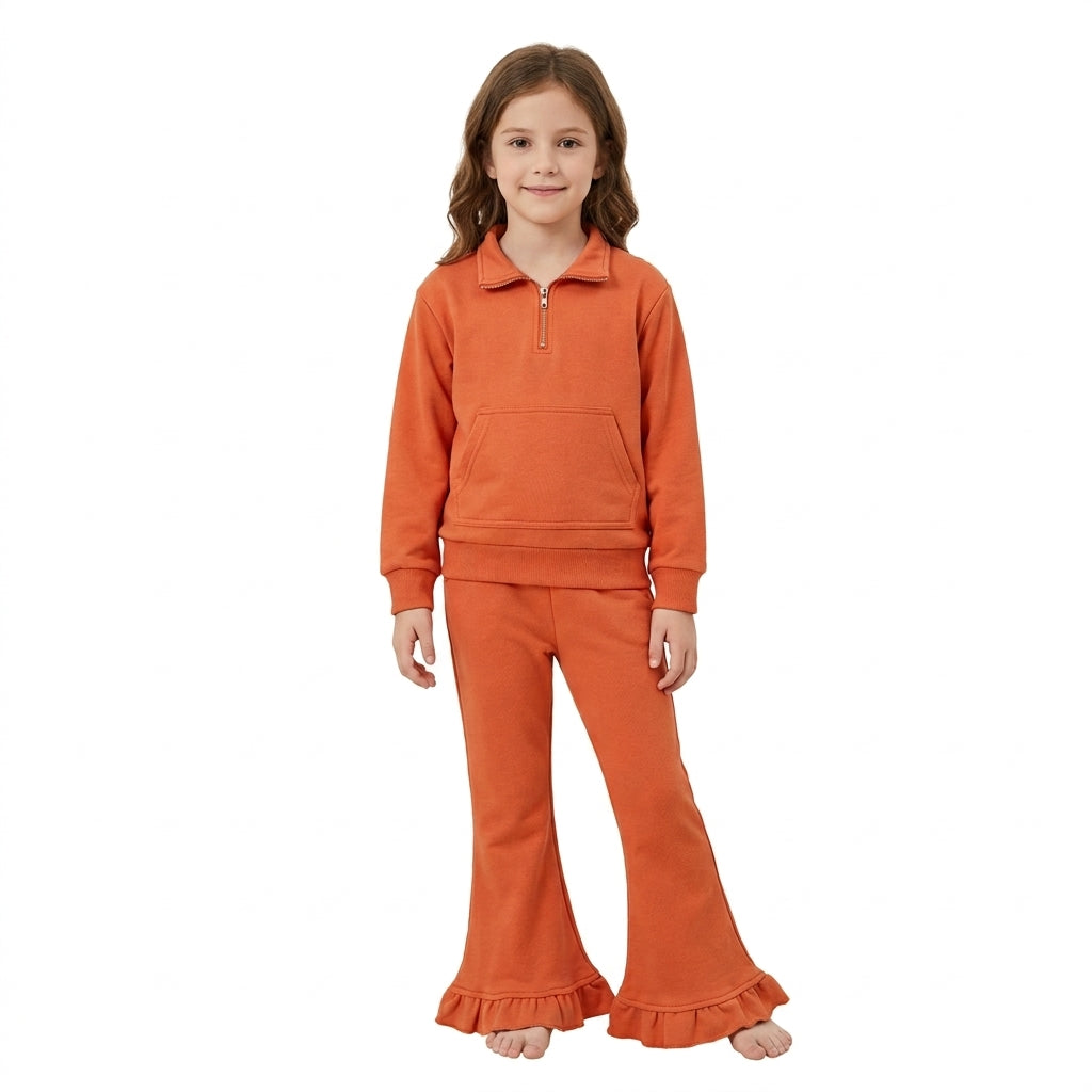 NO MOQ RTS P1073 Baby Girl Clothes Solid Orange Plain Long Sleeve Ruffle Hem Flare Pants 202610