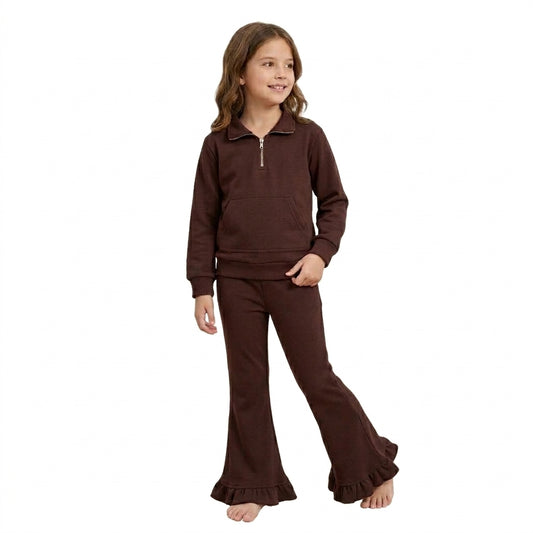 NO MOQ RTS P1074 Baby Girl Clothes Solid Brown Plain Long Sleeve Ruffle Hem Flare Pants 202610