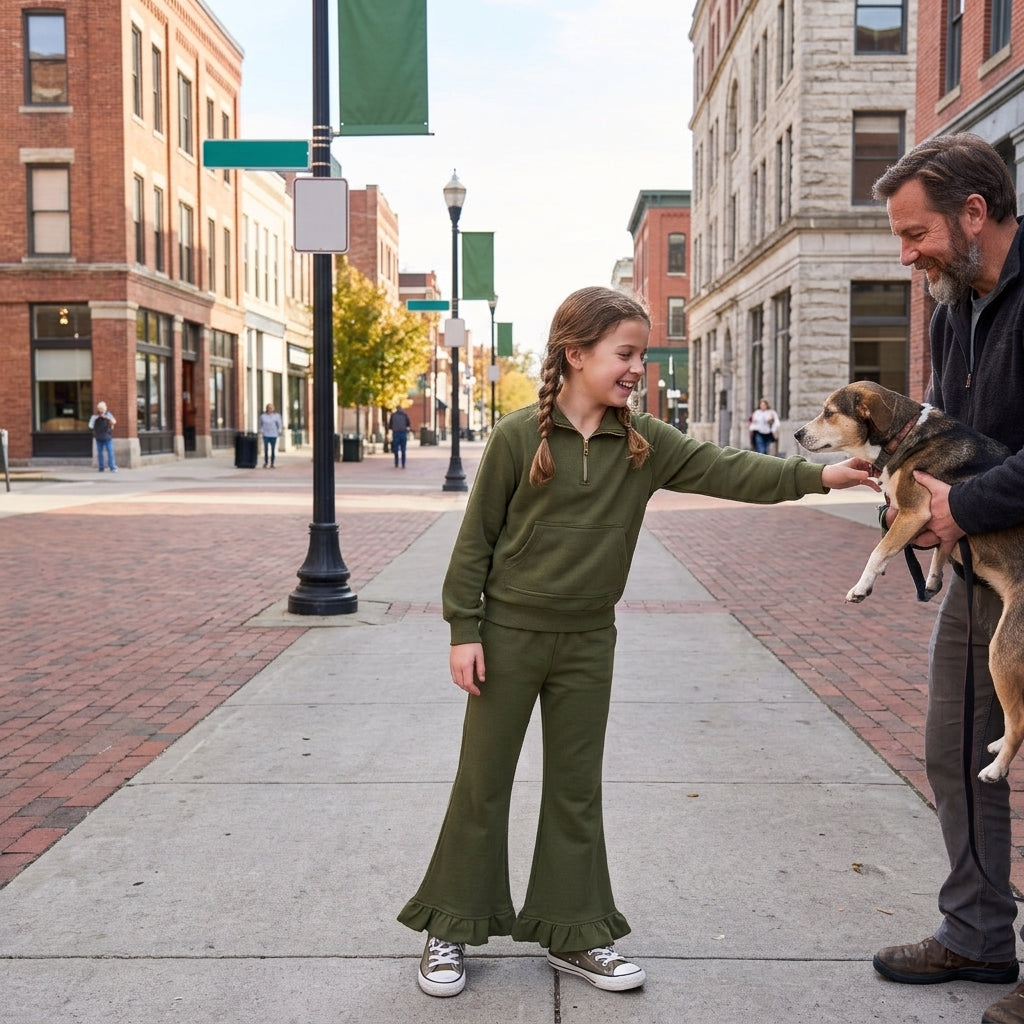 NO MOQ RTS GT1767 Baby Girl Clothes Solid Olive Green Half Zip Pocket Long Sleeve Top 202610