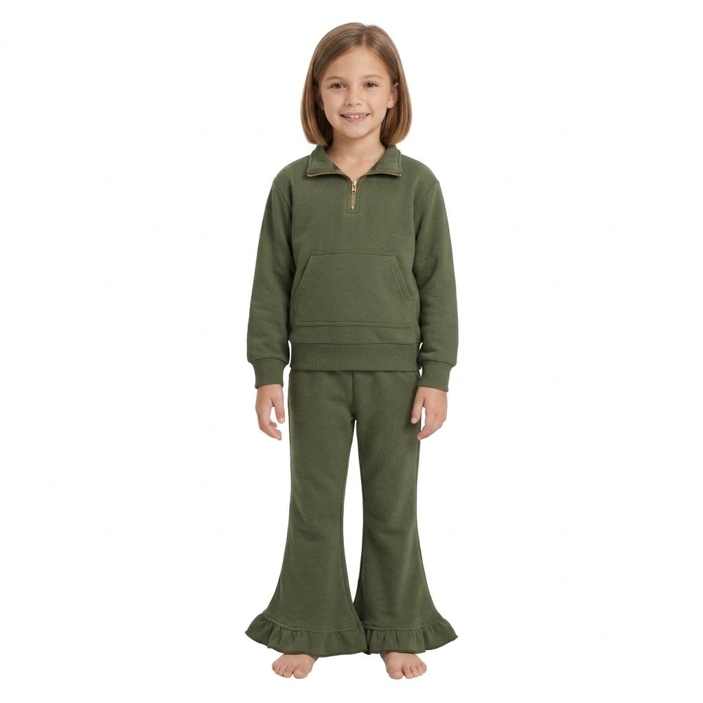 NO MOQ RTS P1075 Baby Girl Clothes Solid Olive Green Ruffle Hem Flare Pants 202610