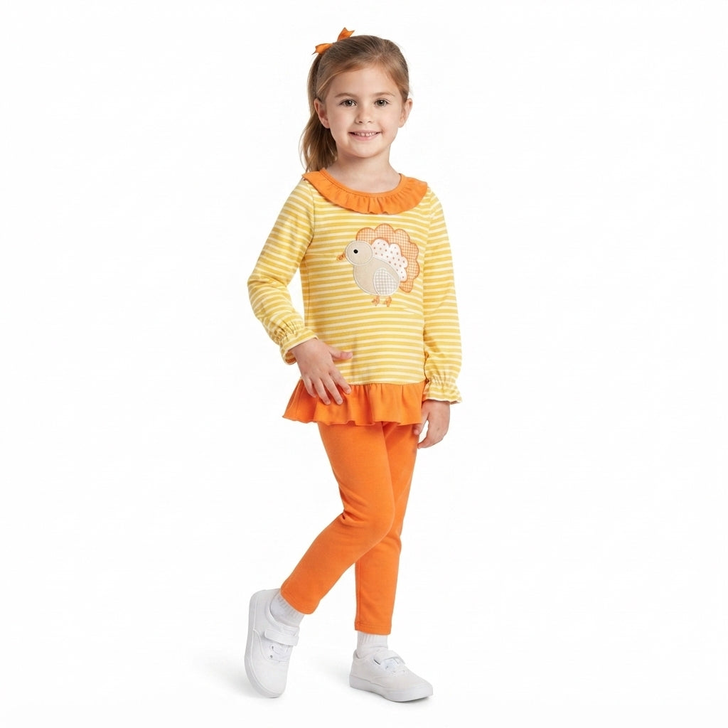 NO MOQ RTS GLP3493-embroidery Baby Girl Clothes Thanksgiving Turkey Applique Stripe Long Sleeve Top Pants Set 202609