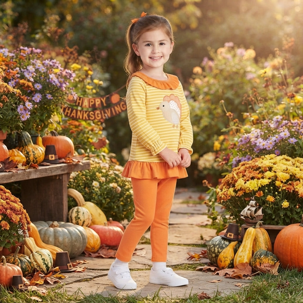 NO MOQ RTS GLP3493-embroidery Baby Girl Clothes Thanksgiving Turkey Applique Stripe Long Sleeve Top Pants Set 202609