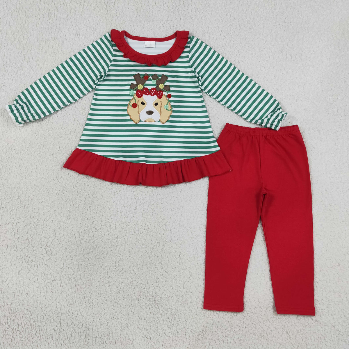 NO MOQ RTS GLP3494-embroidery Baby Girl Clothes Green White Striped Christmas Dog Applique Top Red Pants Set 202609