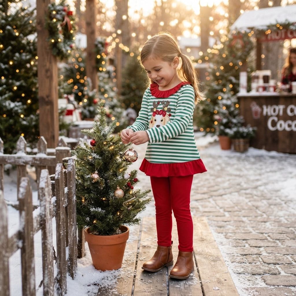 NO MOQ RTS GLP3494-embroidery Baby Girl Clothes Green White Striped Christmas Dog Applique Top Red Pants Set 202609
