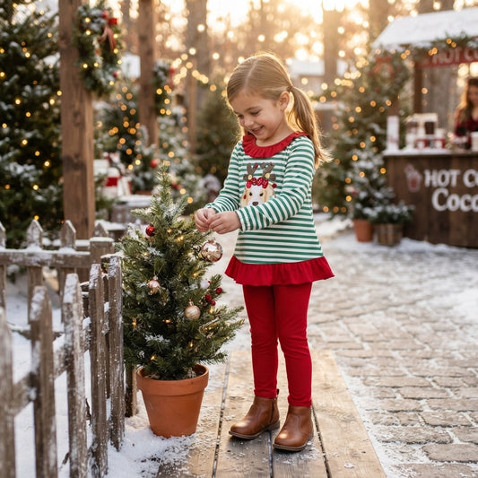 NO MOQ RTS GLP3494-embroidery Baby Girl Clothes Green White Striped Christmas Dog Applique Top Red Pants Set 202609