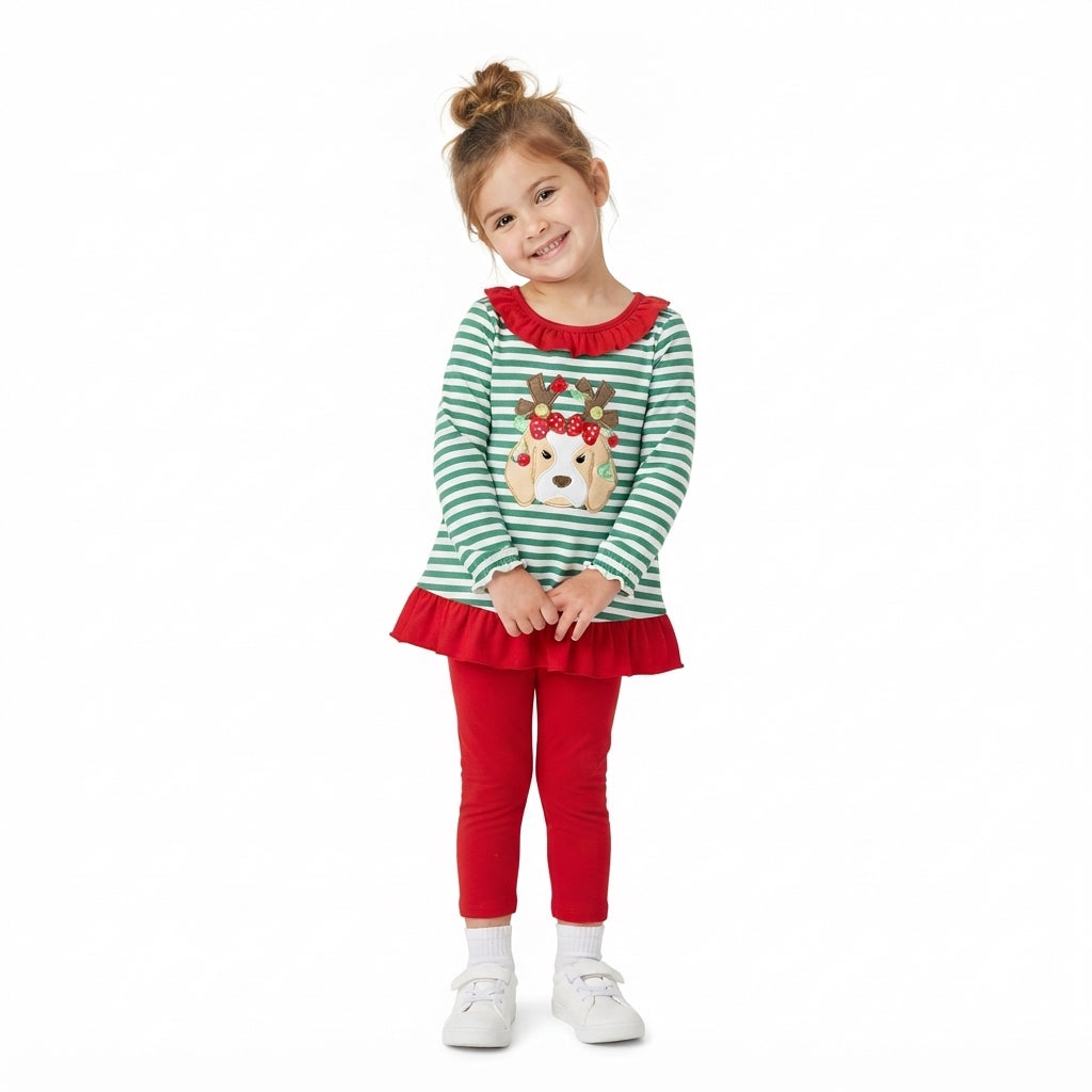 NO MOQ RTS GLP3494-embroidery Baby Girl Clothes Green White Striped Christmas Dog Applique Top Red Pants Set 202609