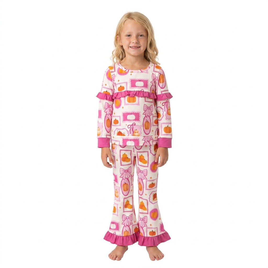 RTS GLP3504 Kids Halloween Print Long Sleeve Top Flared Pants Outfit Set 202608