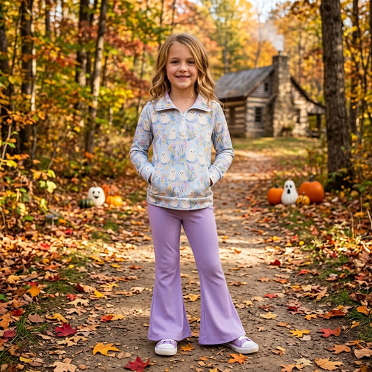 NO MOQ RTS GLP3506 Baby Girl Clothes Cute Ghost Floral Print Long Sleeve Top Purple Flare Pant Set