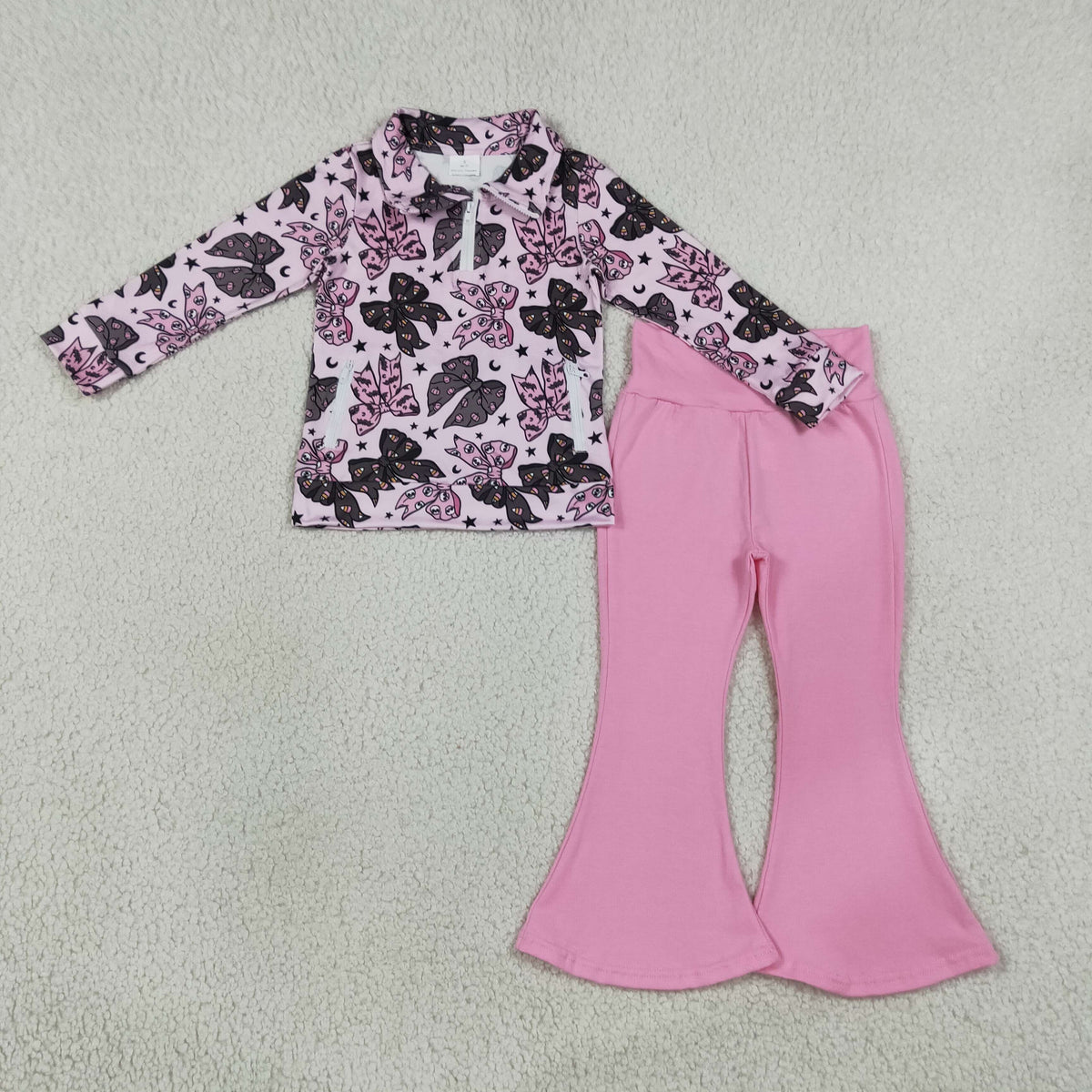 NO MOQ RTS GLP3507 Baby Girl Clothes Halloween Bow Print Half Zip Top Flare Pants Set 202609