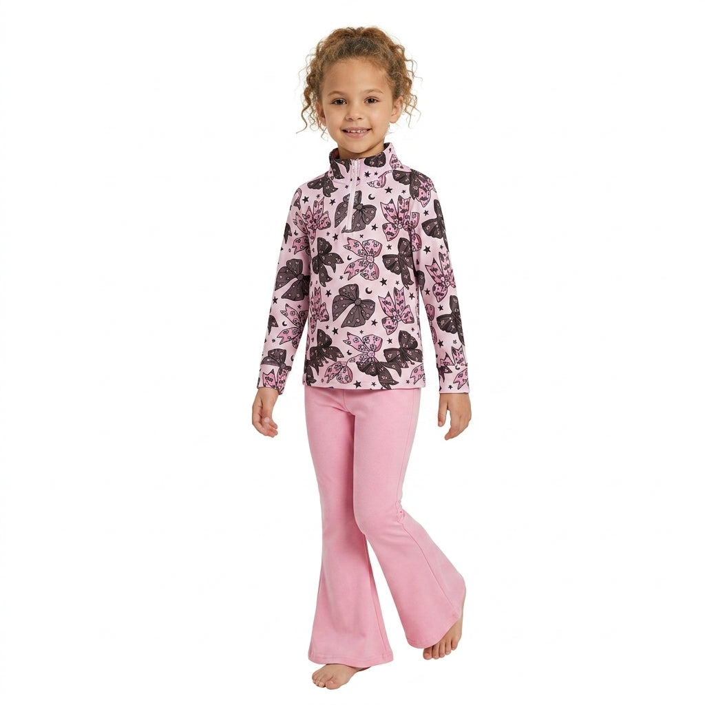 NO MOQ RTS GLP3507 Baby Girl Clothes Halloween Bow Print Half Zip Top Flare Pants Set 202609