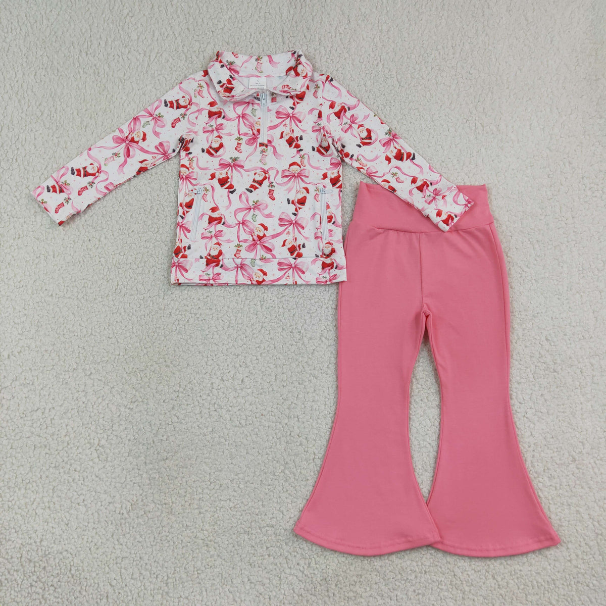 NO MOQ RTS GLP3508 Baby Girl Clothes Christmas Santa Bow Print Half Zip Top Flare Pants Set 202609