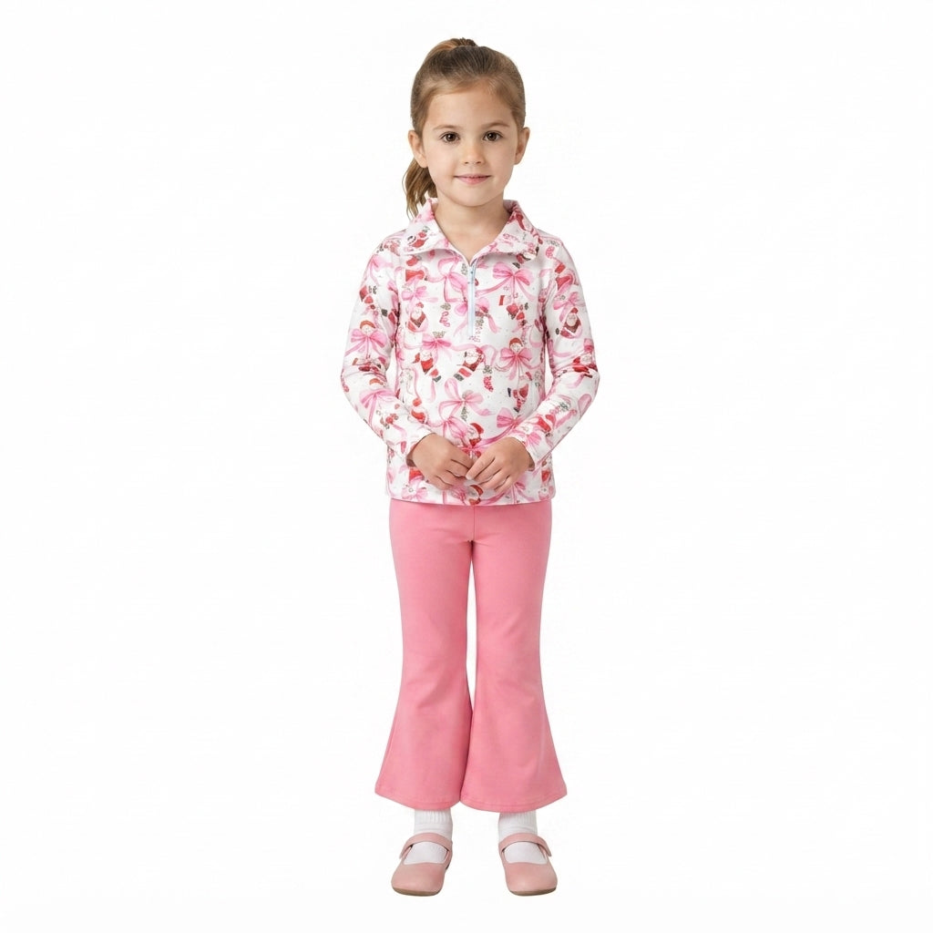 NO MOQ RTS GLP3508 Baby Girl Clothes Christmas Santa Bow Print Half Zip Top Flare Pants Set 202609