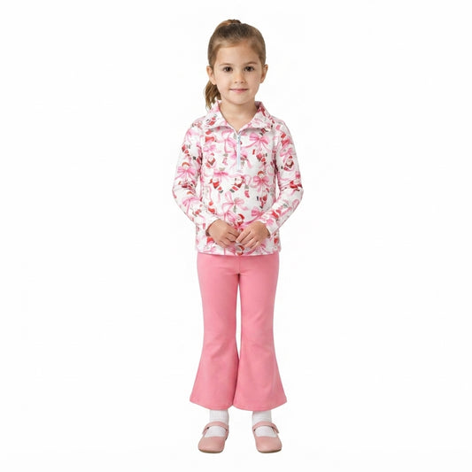 NO MOQ RTS GLP3508 Baby Girl Clothes Christmas Santa Bow Print Half Zip Top Flare Pants Set 202609